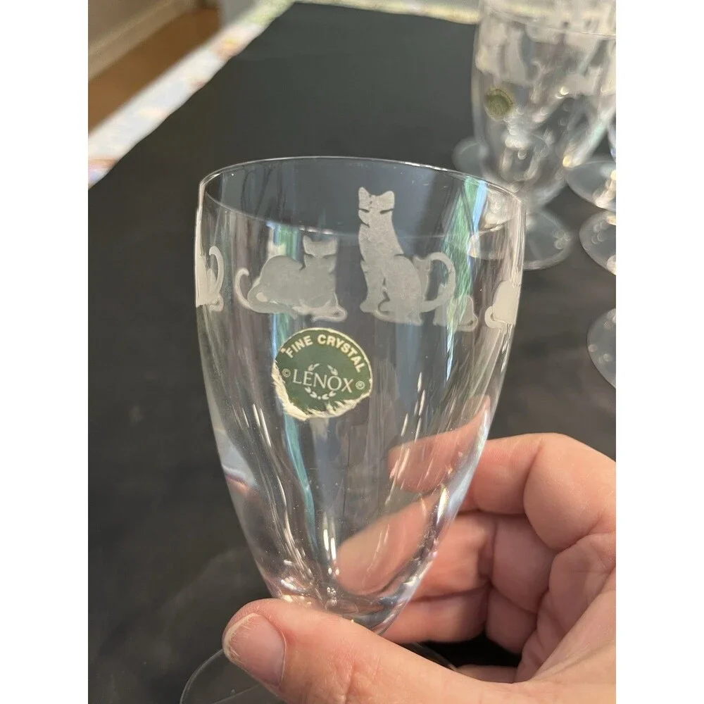 6pc Lenox Crystal Clear Etched Frosted Kitten Cat Dessert Water Footed Glasses